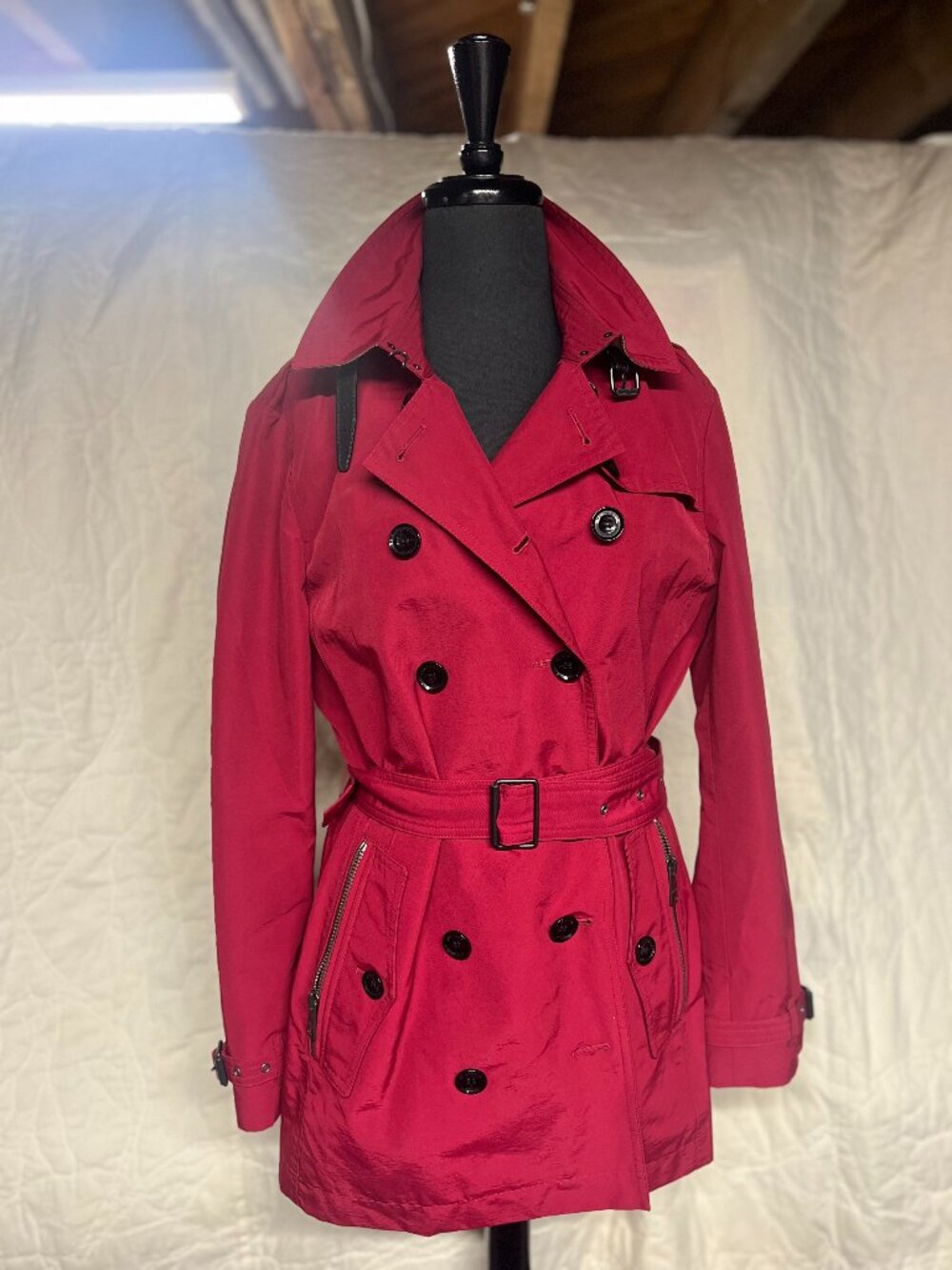 Red Burberry Brit Nylon Double Breasted Trench Coat